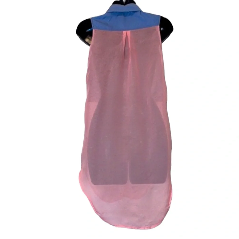 Last Kiss Denim & Sheer Button Down Sleeveless Long Flowy Blouse Top Pink Blue S - Picture 6 of 8